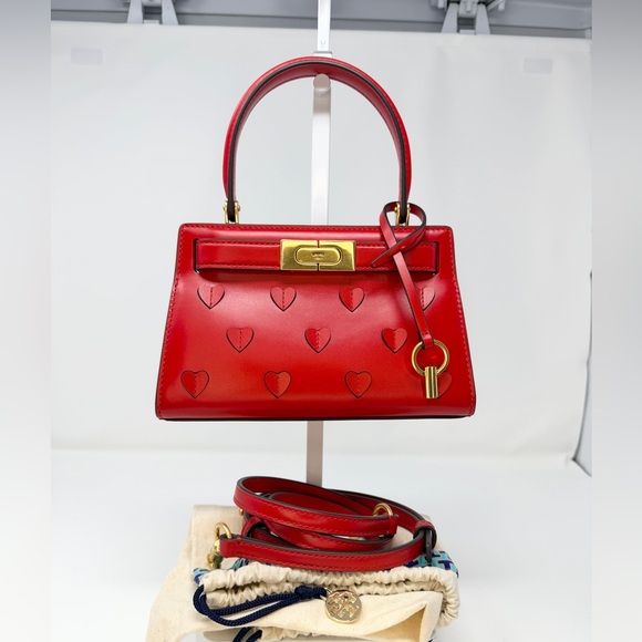 Tory Burch Lee Radziwill Petite Heart Embossed Red Leather Bag Crossbody - Picture 8 of 15